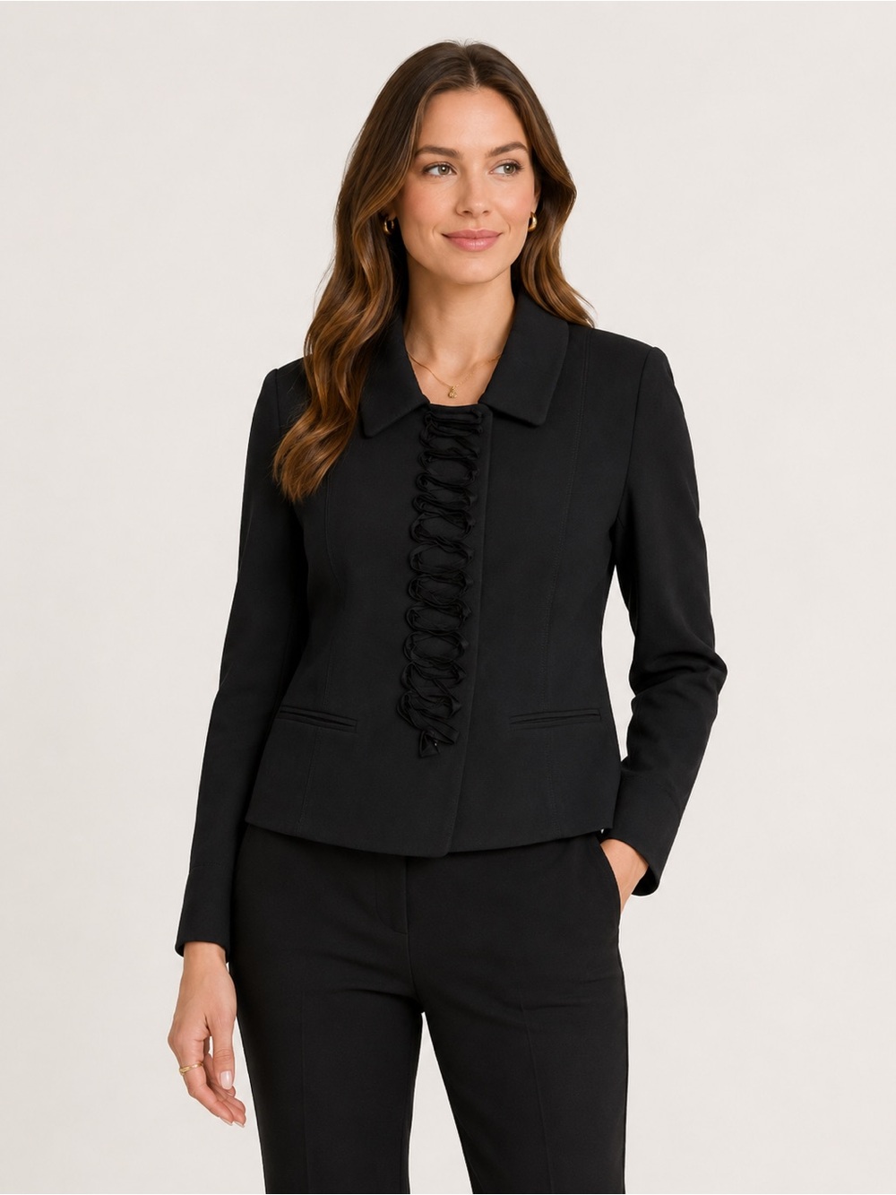 St. John Vintage Loop Ruffle Front Snap Closure Black Blazer Medium